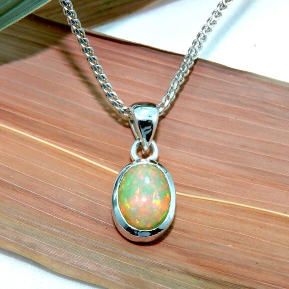 Opal Silver Pendant Chain Necklace, Natural Fire Opal Pendant With Chain - Picture 1 of 8